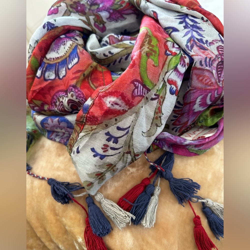 Vismaya Silk Multicolor Floral Scarf Vintage Anthropologie - Picture 5 of 9